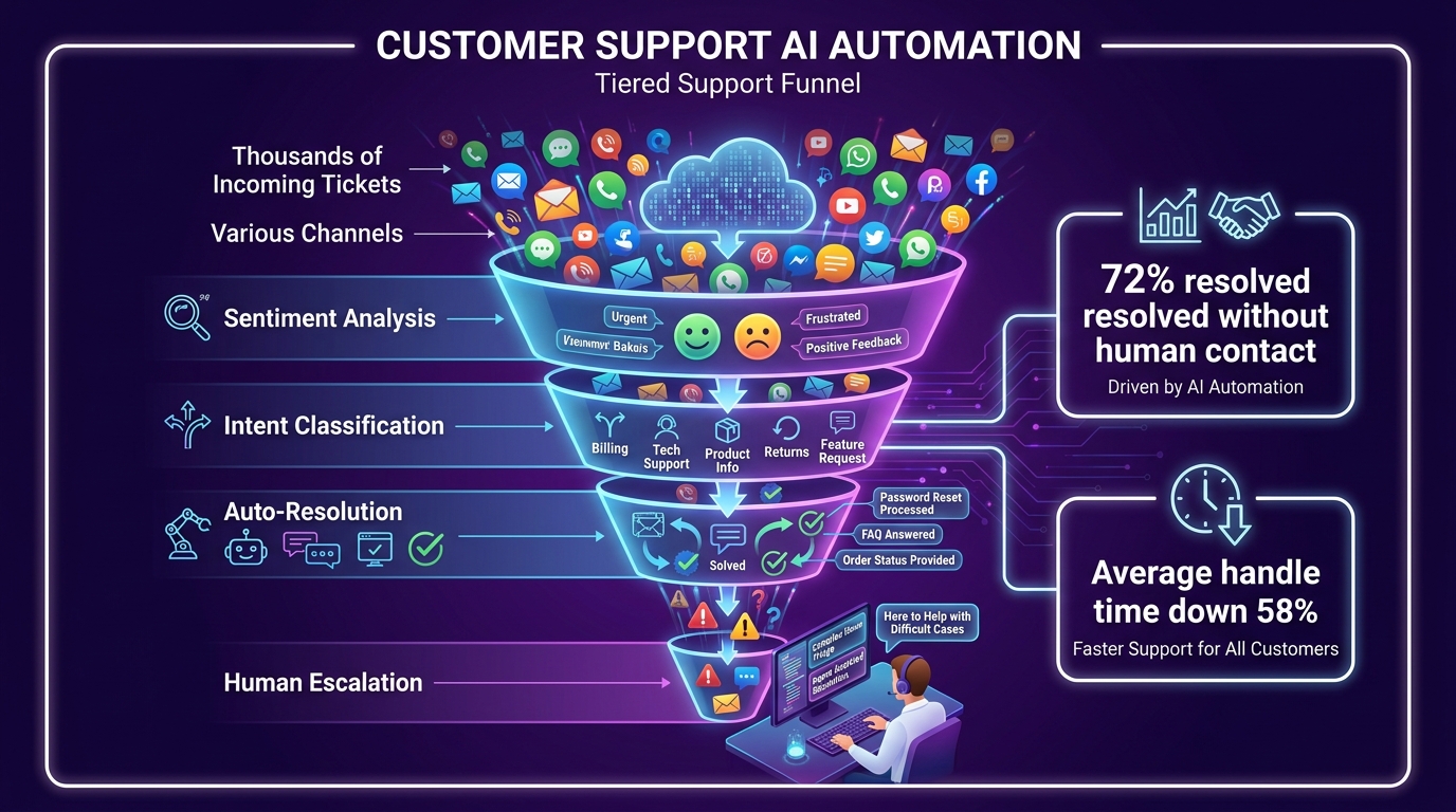 AI-powered customer support funnel showing sentiment analysis, intent classification, and auto-resolution layers reducing human escalation to complex cases only