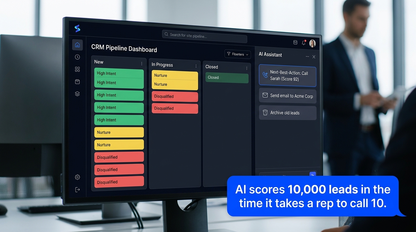 AI-powered CRM dashboard showing lead scoring with colour-coded priority tiers and next-best-action recommendations for sales representatives