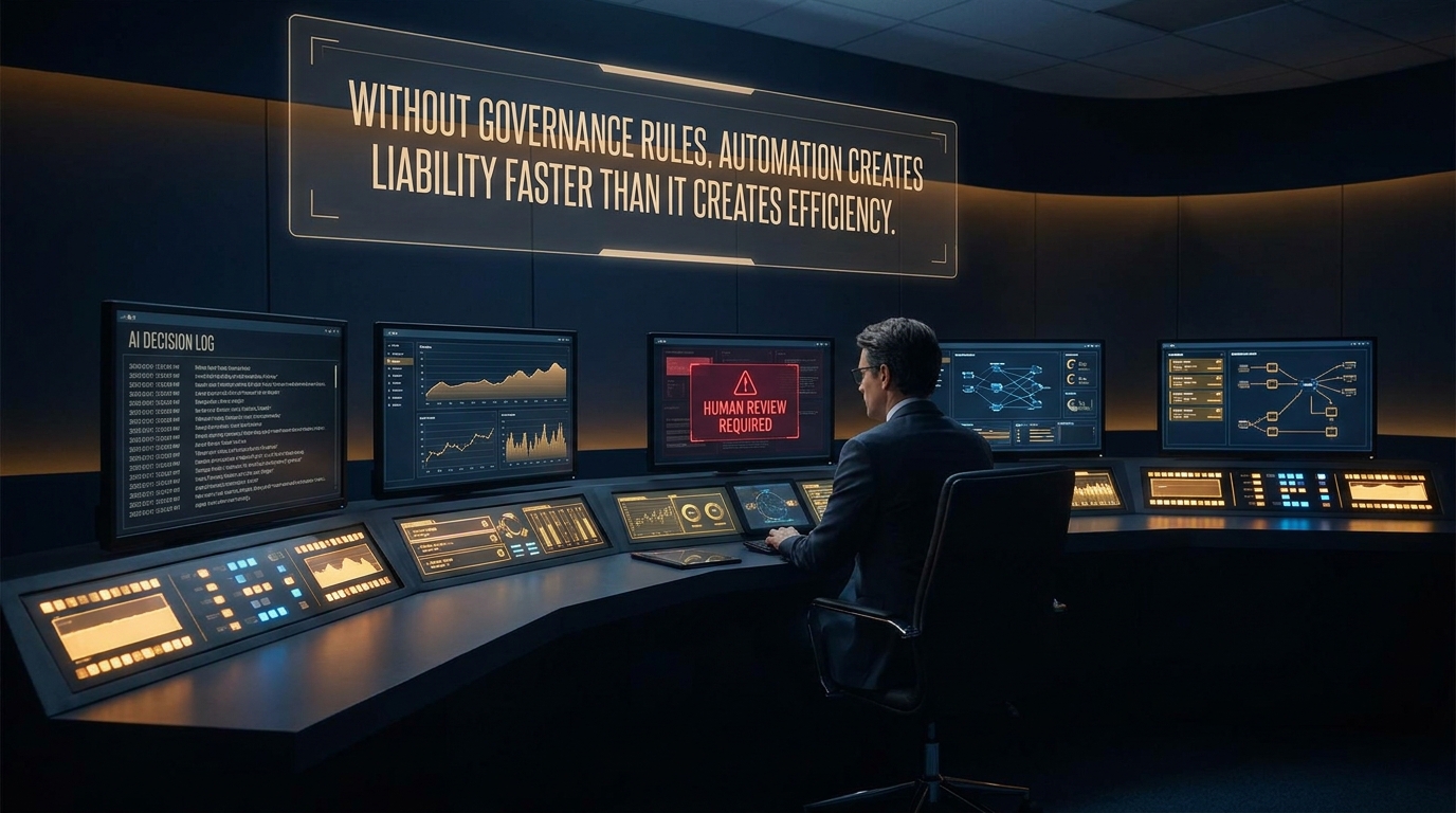 AI governance control room showing human manager reviewing flagged automated decisions with audit trail and human review alerts on multiple screens
