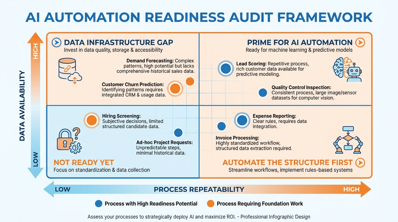 AI automation readiness matrix — 2x2 grid mapping process repeatability against data availability to identify which business processes are prime for automation
