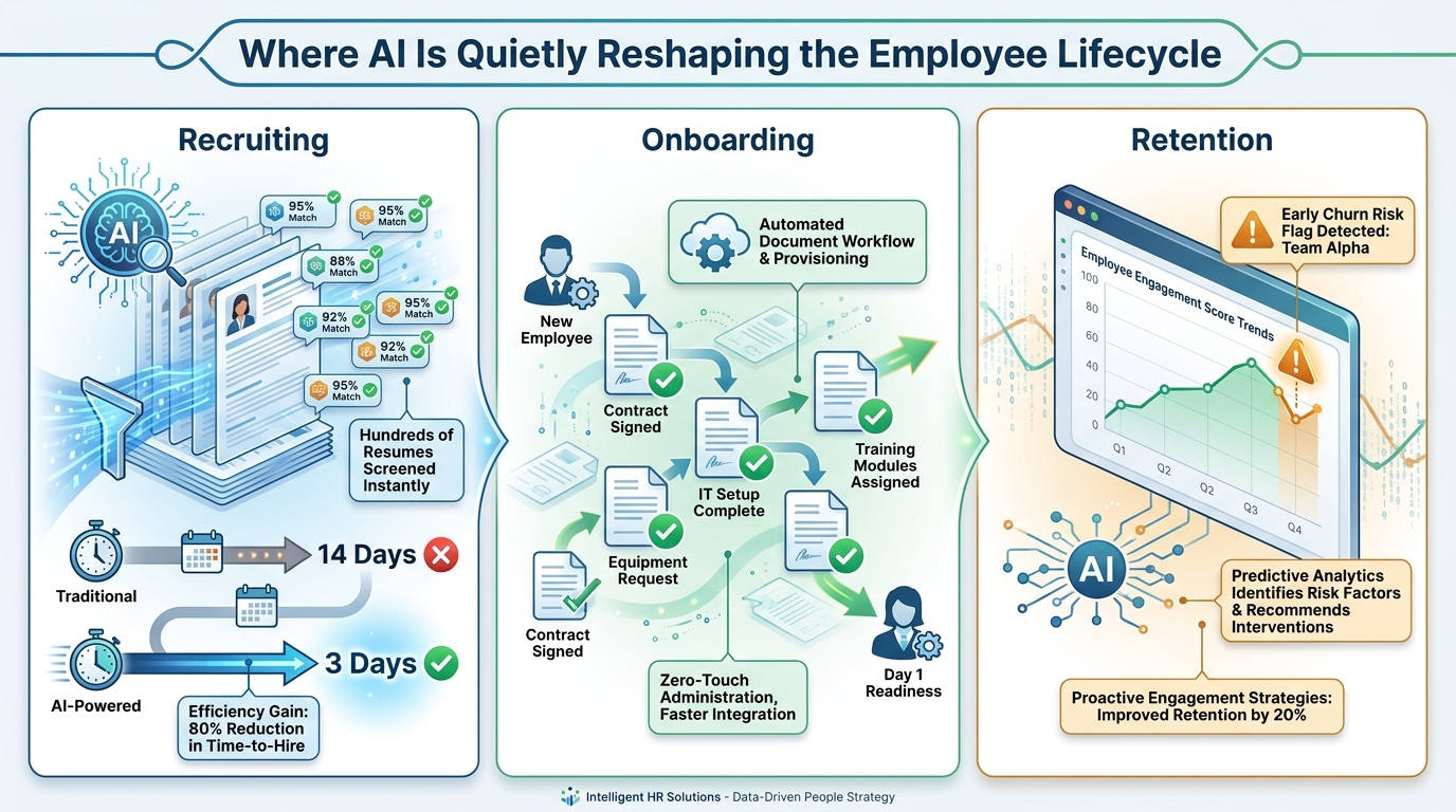 AI automation across the employee lifecycle — recruiting, onboarding, and retention risk detection shown as a three-panel infographic
