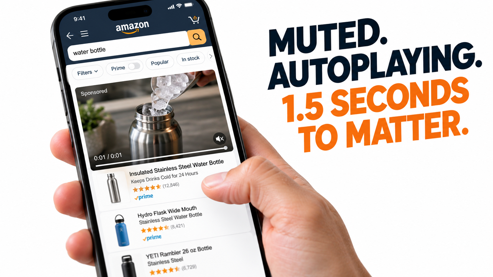 Smartphone scrolling Amazon search results with a muted Sponsored Brands video autoplaying a water bottle being filled with ice