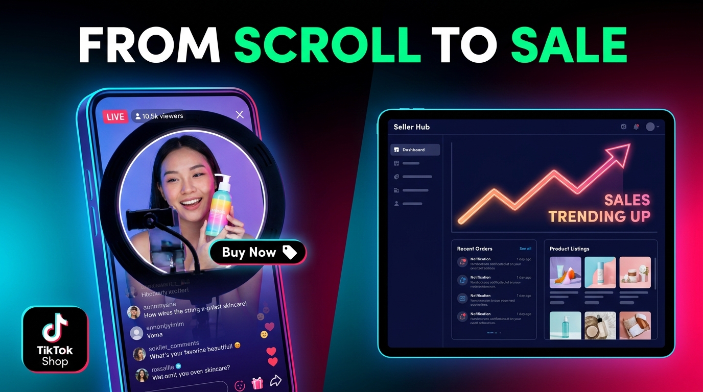 TikTok Shop split-screen showing a creator live streaming a product on the left and a seller dashboard with rising sales on the right