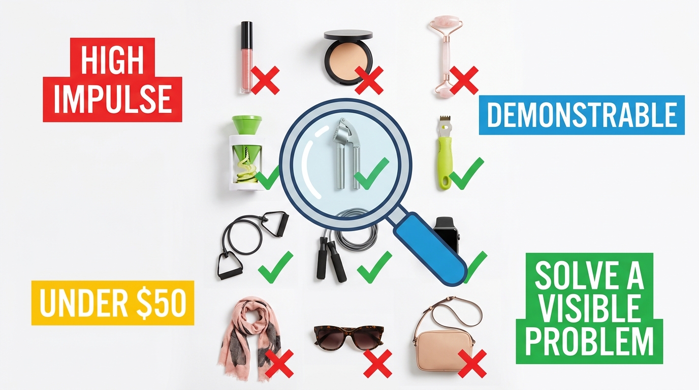 Product selection grid showing winning TikTok Shop products labeled with key criteria: high impulse, demonstrable, under $50, solves a visible problem