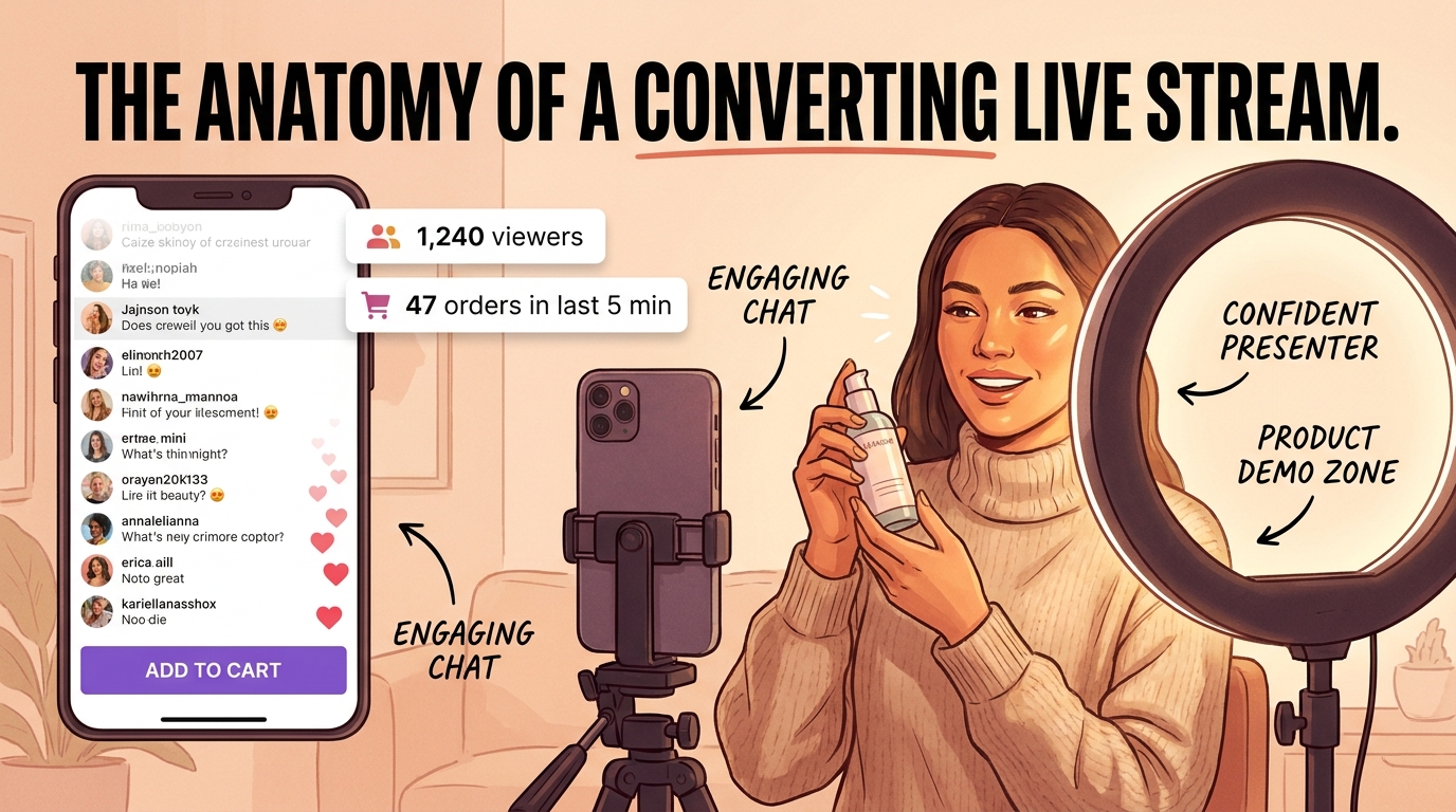 TikTok LIVE selling session with a presenter demonstrating skincare product, showing 1,240 viewers and 47 orders in the last five minutes
