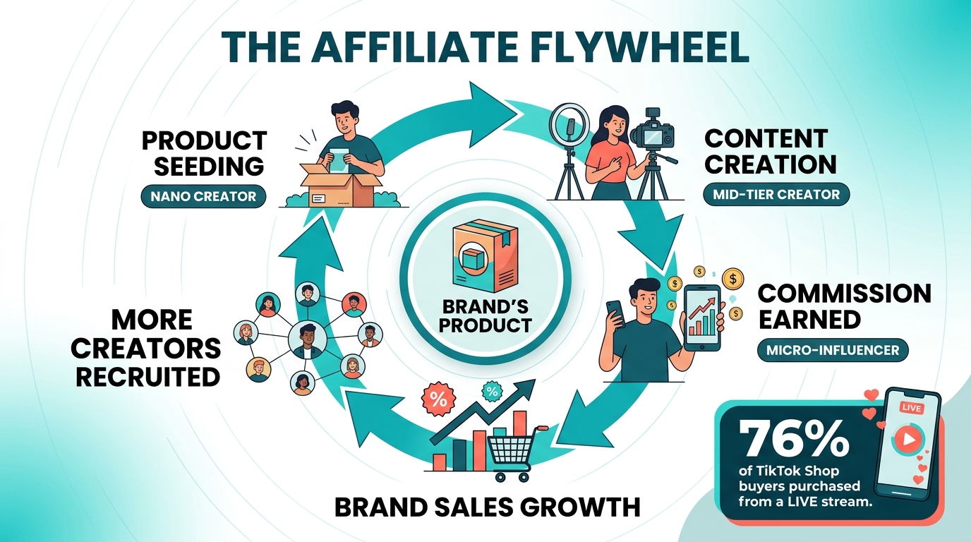 Affiliate flywheel diagram showing the cycle from product seeding to creator content to commissions earned to brand sales growth to more creators recruited