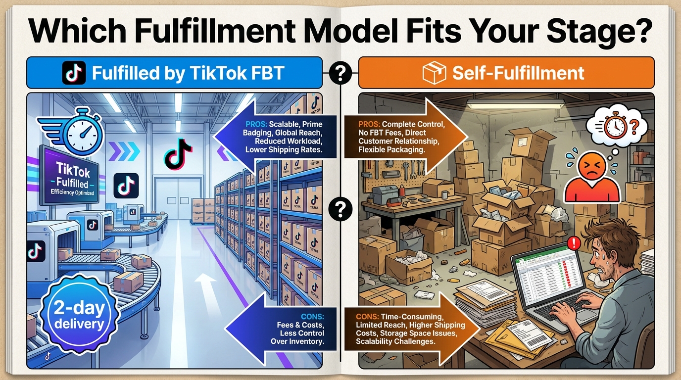 Side-by-side comparison of Fulfilled by TikTok with clean warehouse and fast shipping badge versus self-fulfillment with cluttered garage and stressed seller