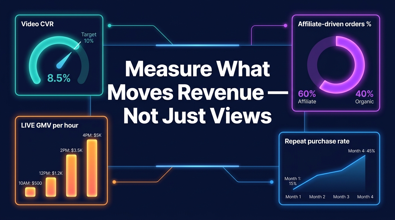 TikTok Shop analytics dashboard showing Video CVR gauge, LIVE GMV per hour bar chart, affiliate-driven orders donut chart, and repeat purchase rate line graph
