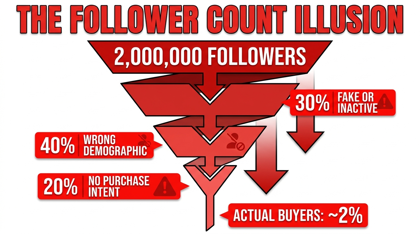 The follower count illusion infographic showing how 2 million followers narrows to just 2% actual buyers