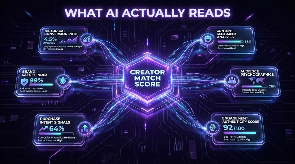 AI signal layers visualization showing the six data nodes that comprise a creator match score