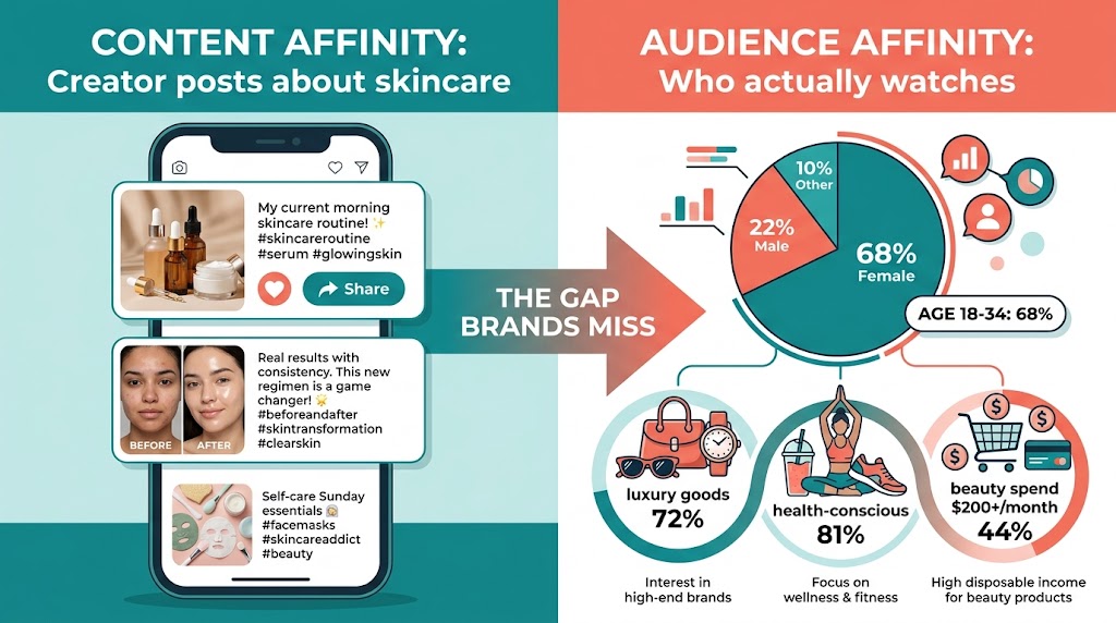 Side by side comparison of content affinity versus audience affinity in creator selection — the gap brands miss