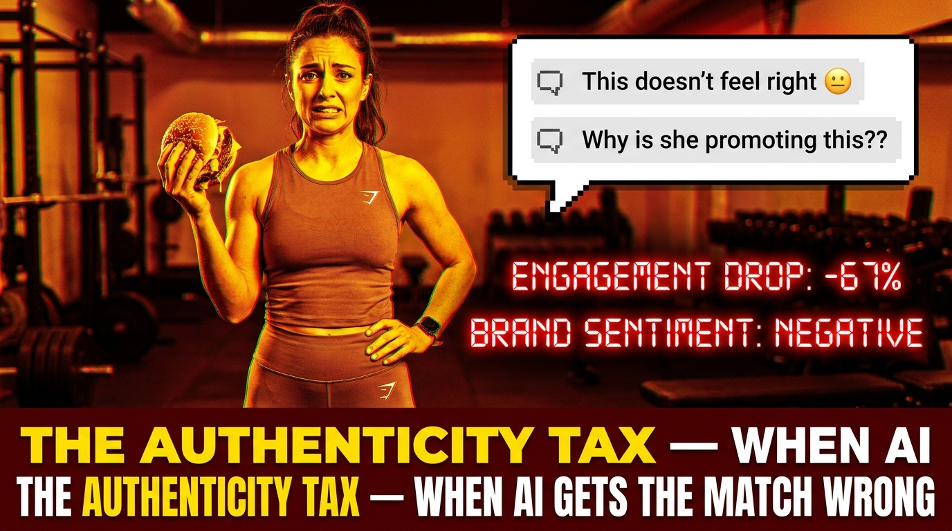 Visual metaphor for creator-brand mismatch showing engagement drop and negative brand sentiment from a poor partnership