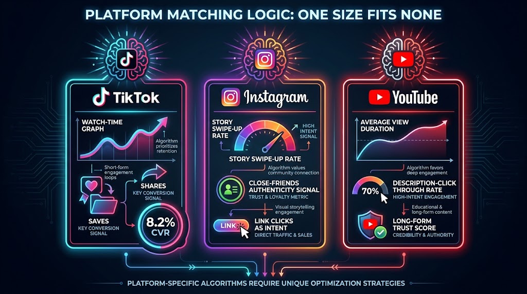 Platform-specific creator matching logic across TikTok, Instagram, and YouTube showing different conversion signals per platform