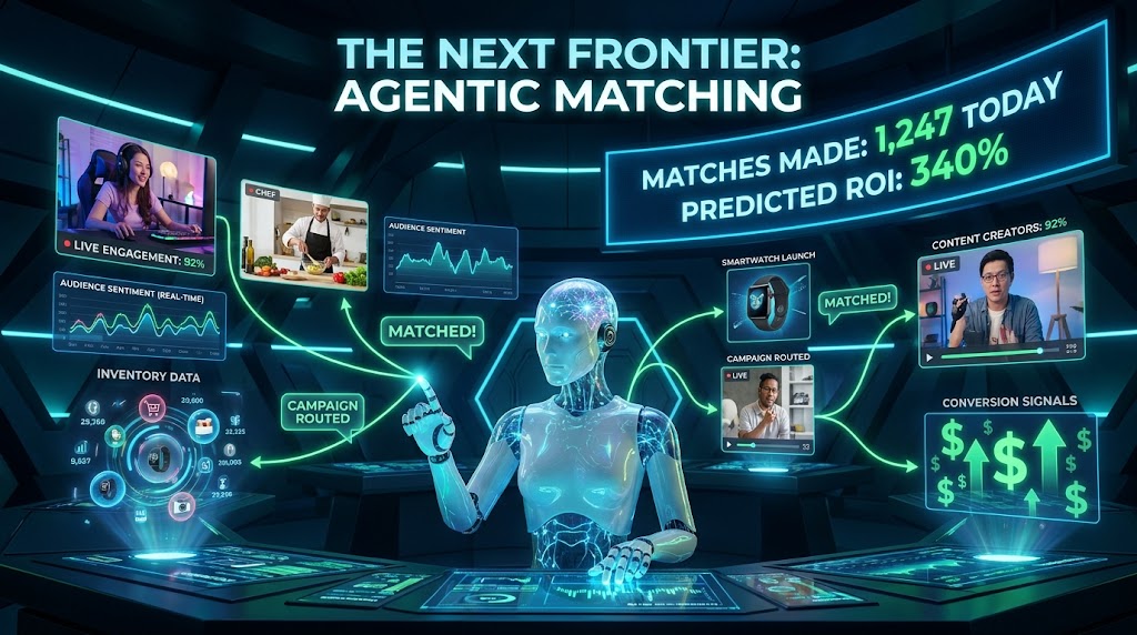 Futuristic agentic AI system autonomously routing products to matched creators in real-time with performance prediction