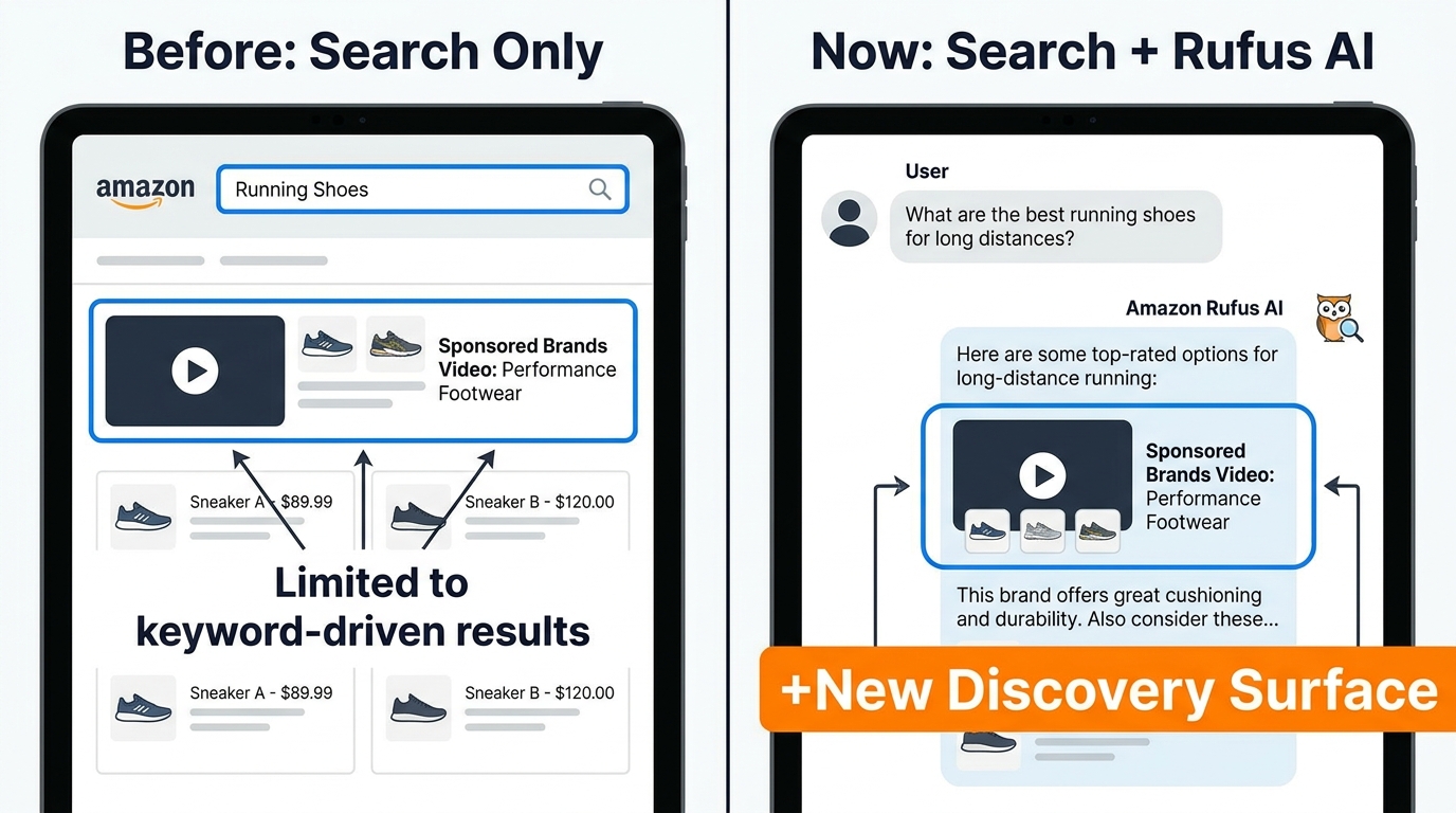 Amazon Rufus AI expanding SBV ad placement beyond traditional search — Before and After comparison