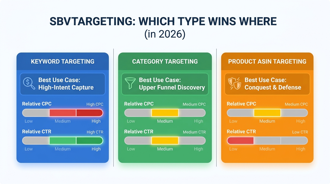 SBV Targeting Type Comparison: Keyword vs Category vs Product ASIN — which wins where in 2026