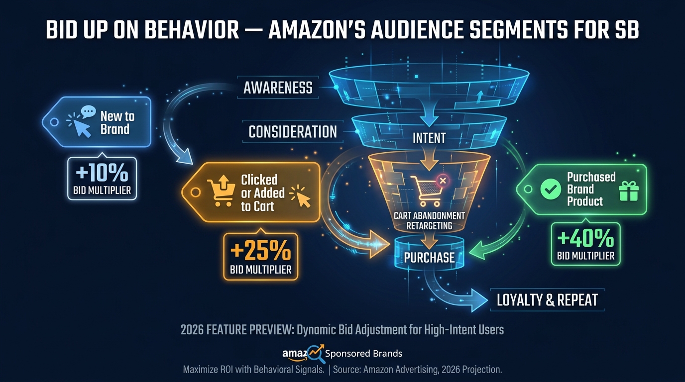 Amazon Sponsored Brands audience bid adjustment segments — New to Brand, Clicked or Added to Cart, Purchased Brand Product