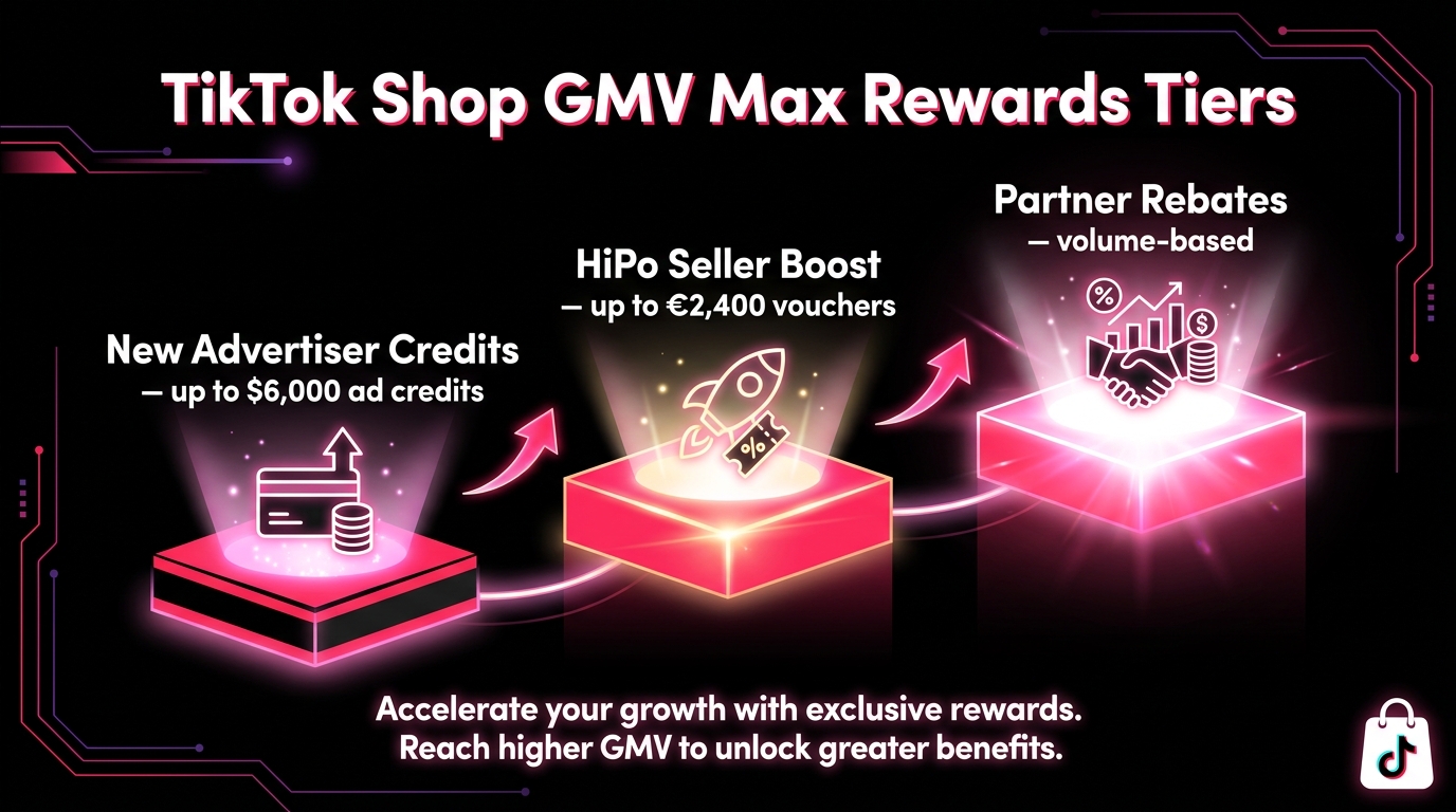 TikTok Shop GMV Max reward tiers infographic showing three ascending levels: New Advertiser Credits, HiPo Seller Boost, and Partner Rebates