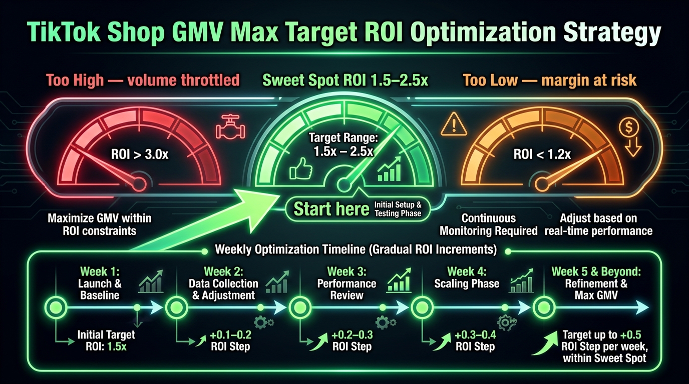 GMV Max Target ROI optimization dial showing the sweet spot between 1.5–2.5x, with zones for volume throttling and margin risk