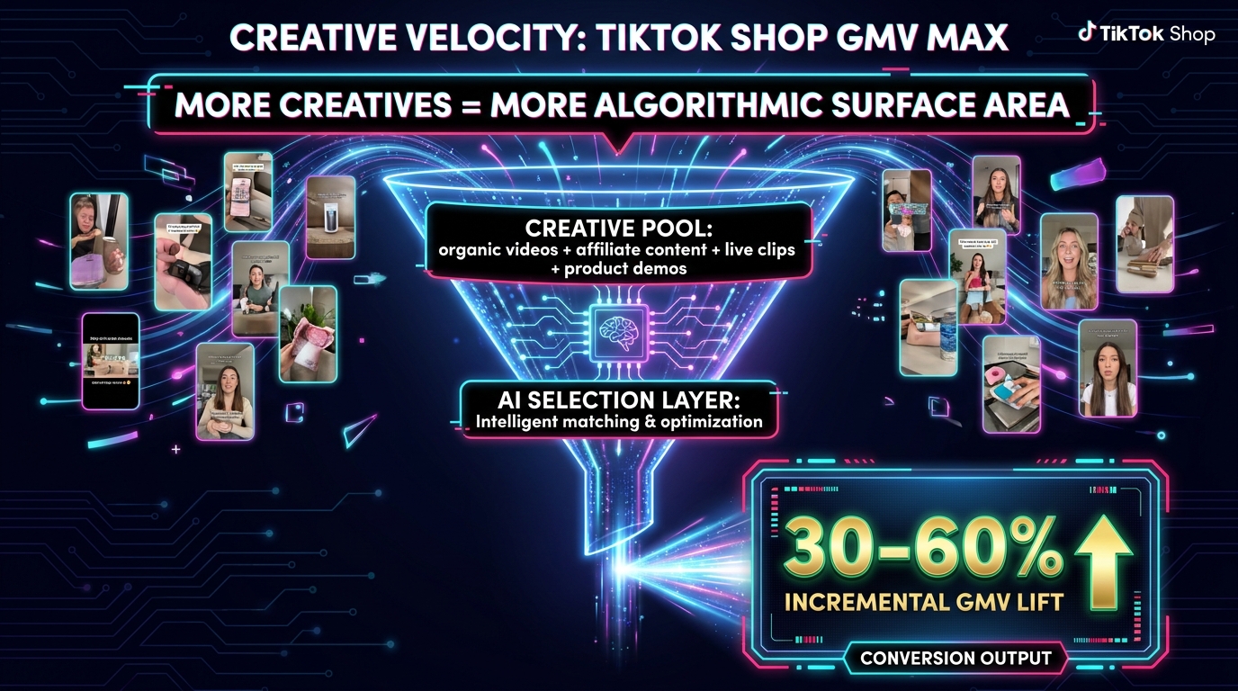 Creative velocity funnel for TikTok Shop GMV Max showing organic videos, affiliate content, and live clips feeding into the AI selection layer and generating 30-60% incremental GMV lift