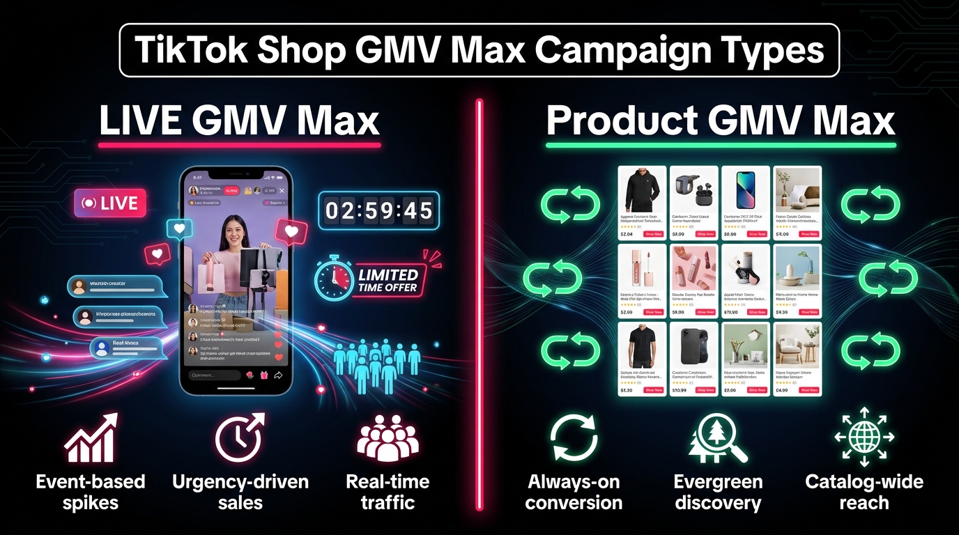 Side-by-side comparison of TikTok Shop LIVE GMV Max versus Product GMV Max showing event-based spikes versus evergreen always-on conversion
