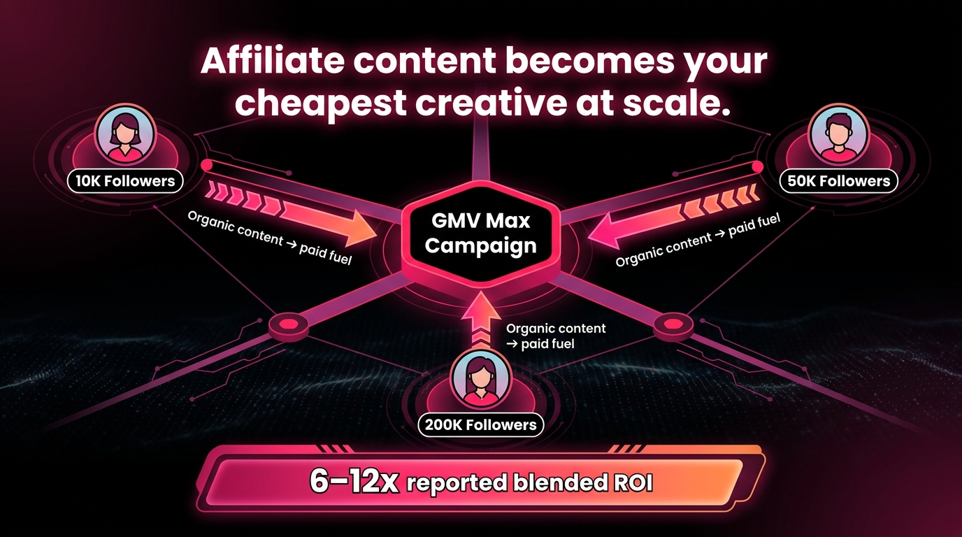 TikTok Shop GMV Max affiliate creator network diagram showing creator nodes feeding organic content into the GMV Max campaign with 6-12x reported blended ROI