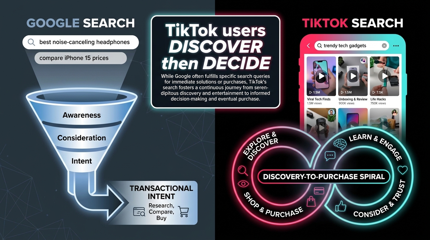 TikTok search intent vs Google search intent — TikTok users discover then decide while Google users arrive with declared purchase intent