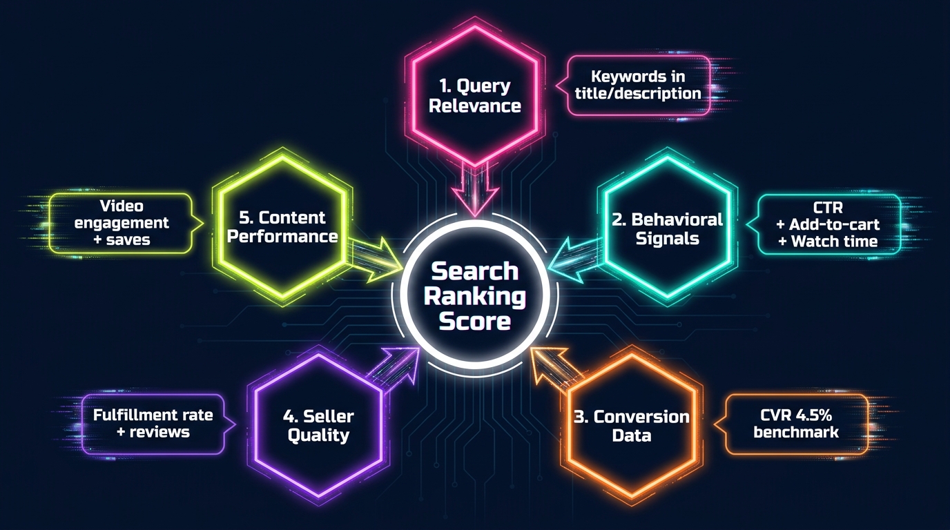 Five signal buckets in TikTok Shop's search algorithm: Query Relevance, Behavioral Signals, Conversion Data, Seller Quality, and Content Performance