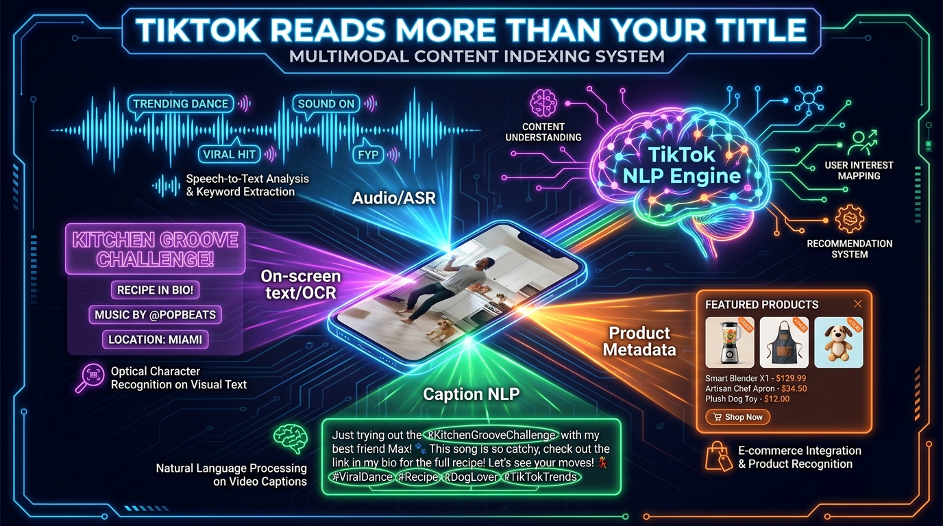 TikTok's multimodal content indexing: audio ASR, on-screen text OCR, caption NLP, and product metadata all feeding into TikTok's NLP engine for search ranking