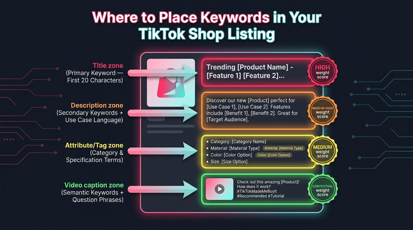 TikTok Shop keyword placement architecture — title, description, attributes, and video caption zones with their ranking weights