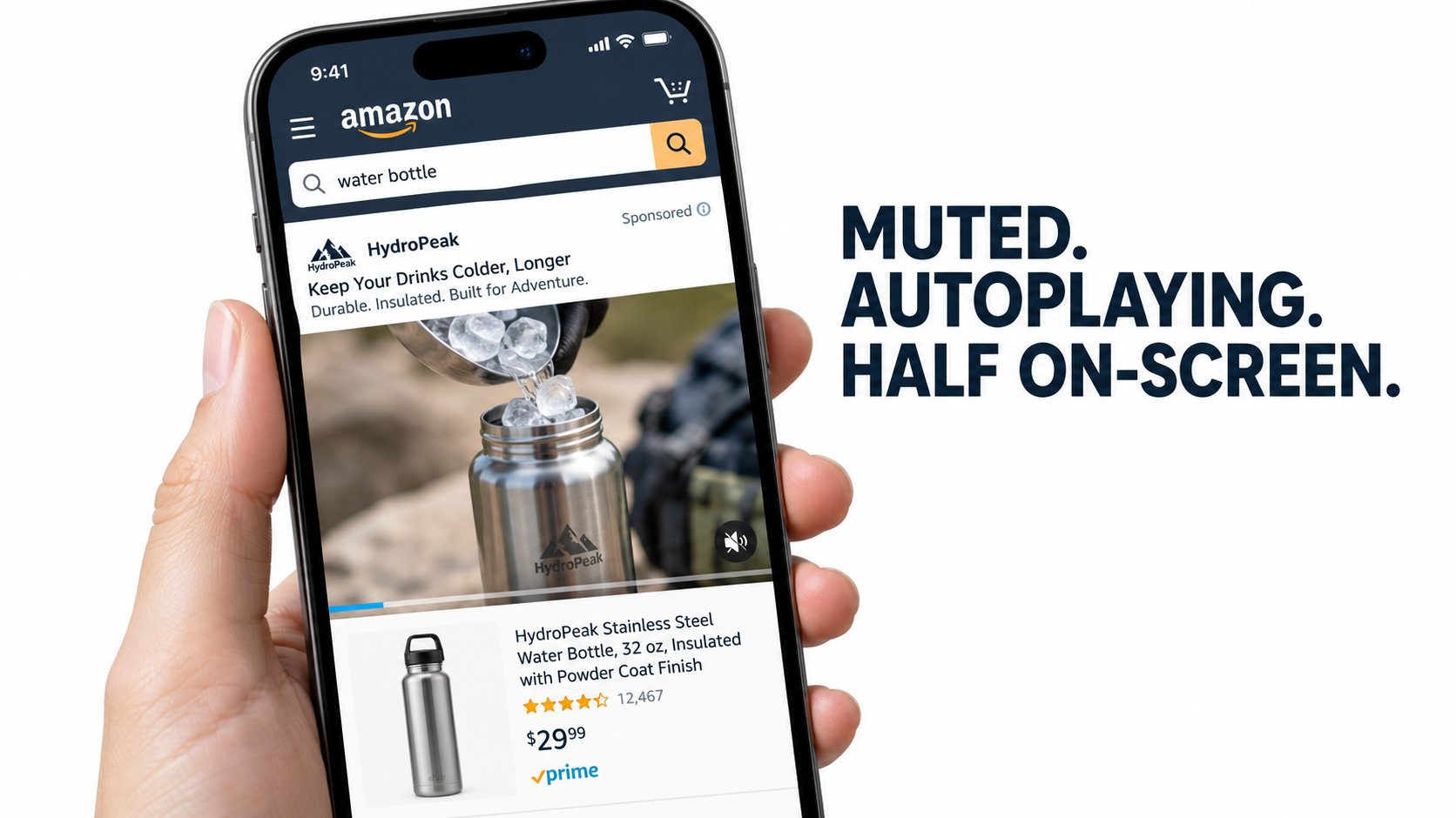 Smartphone showing an Amazon mobile search page with a muted Sponsored Brands video ad autoplaying at the top of results