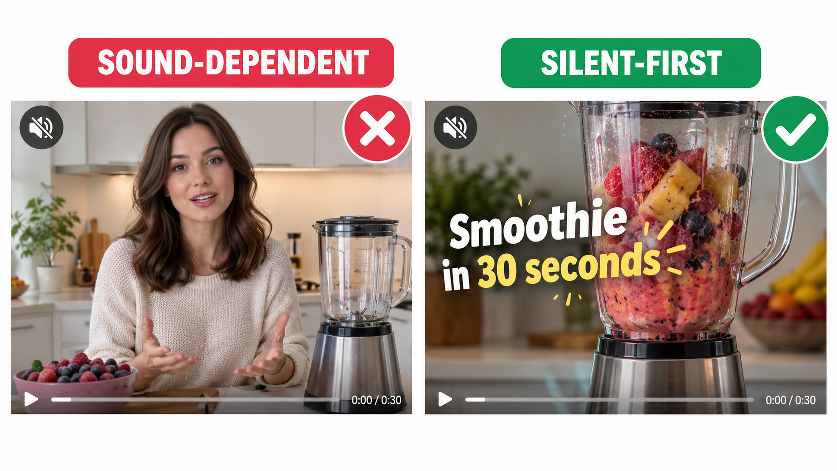 Comparison of a sound-dependent talking-head ad frame versus a silent-first product demo frame with on-screen text