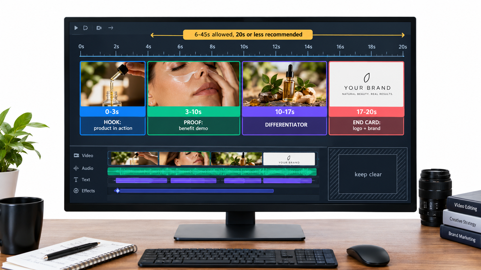 Video editing timeline showing a 20-second Sponsored Brands video storyboard split into hook, proof, differentiator, and end card segments