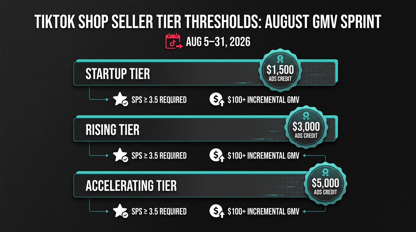 TikTok Shop August GMV Sprint tier rewards: Startup ($1,500), Rising ($3,000), Accelerating ($5,000) ads credit with SPS 3.5 requirement and $100 incremental GMV minimum