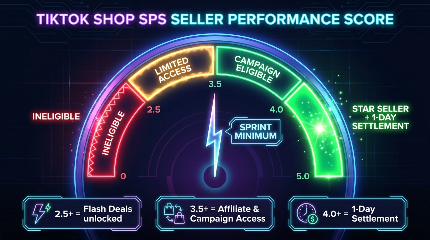 TikTok Shop SPS seller performance score gauge showing eligibility thresholds: 2.5 for Flash Deals, 3.5 for campaigns and affiliate access, 4.0 for Star Seller and 1-day settlement