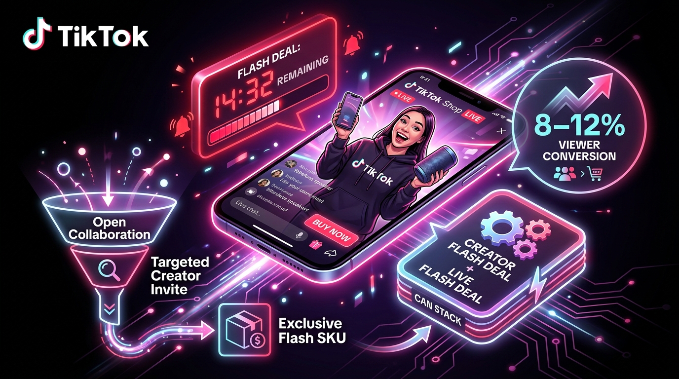 TikTok Shop LIVE flash sale architecture showing a host demonstrating a product with countdown timer, 8-12% viewer conversion stat, and the Creator Flash Deal stacking mechanic with affiliate funnel diagram