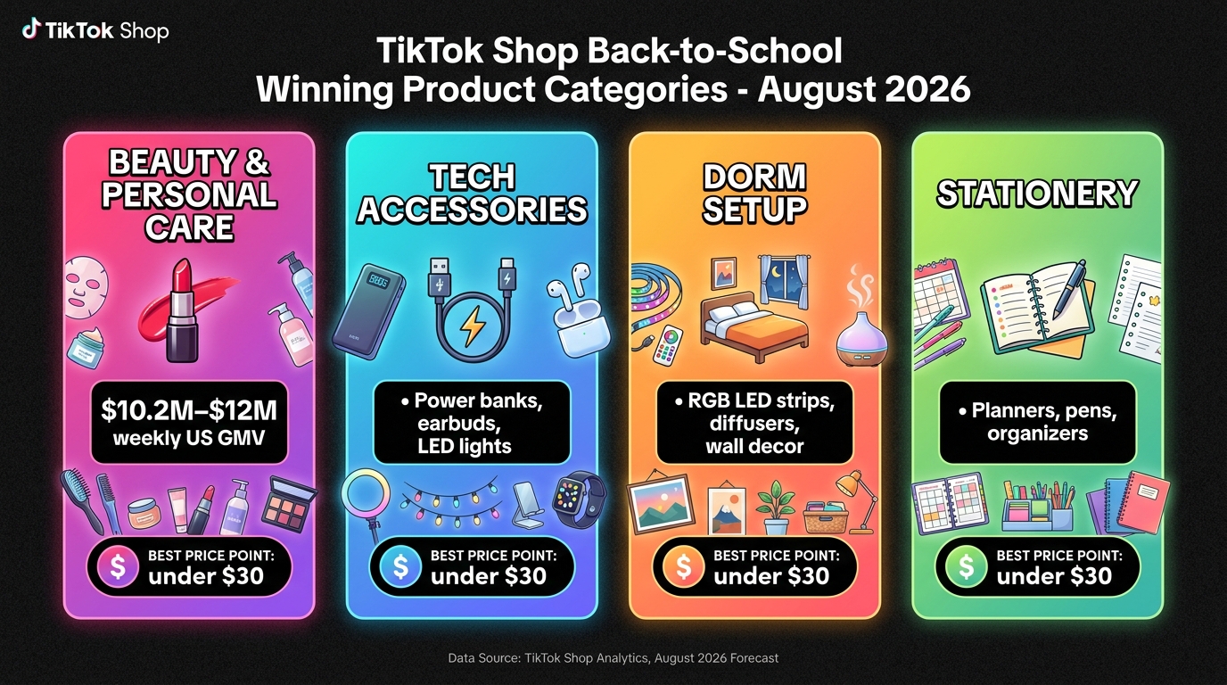 TikTok Shop August back-to-school winning product categories 2026: Beauty and Personal Care, Tech Accessories, Dorm Setup, and Stationery — all best priced under $30