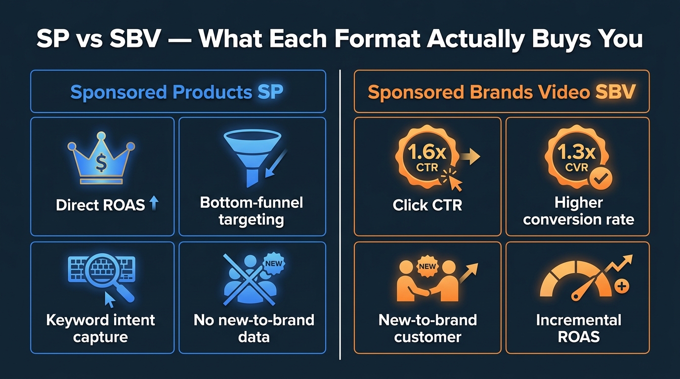 Side-by-side comparison of Amazon Sponsored Products vs Sponsored Brands Video — CTR, CVR, new-to-brand reporting, and what each format actually buys