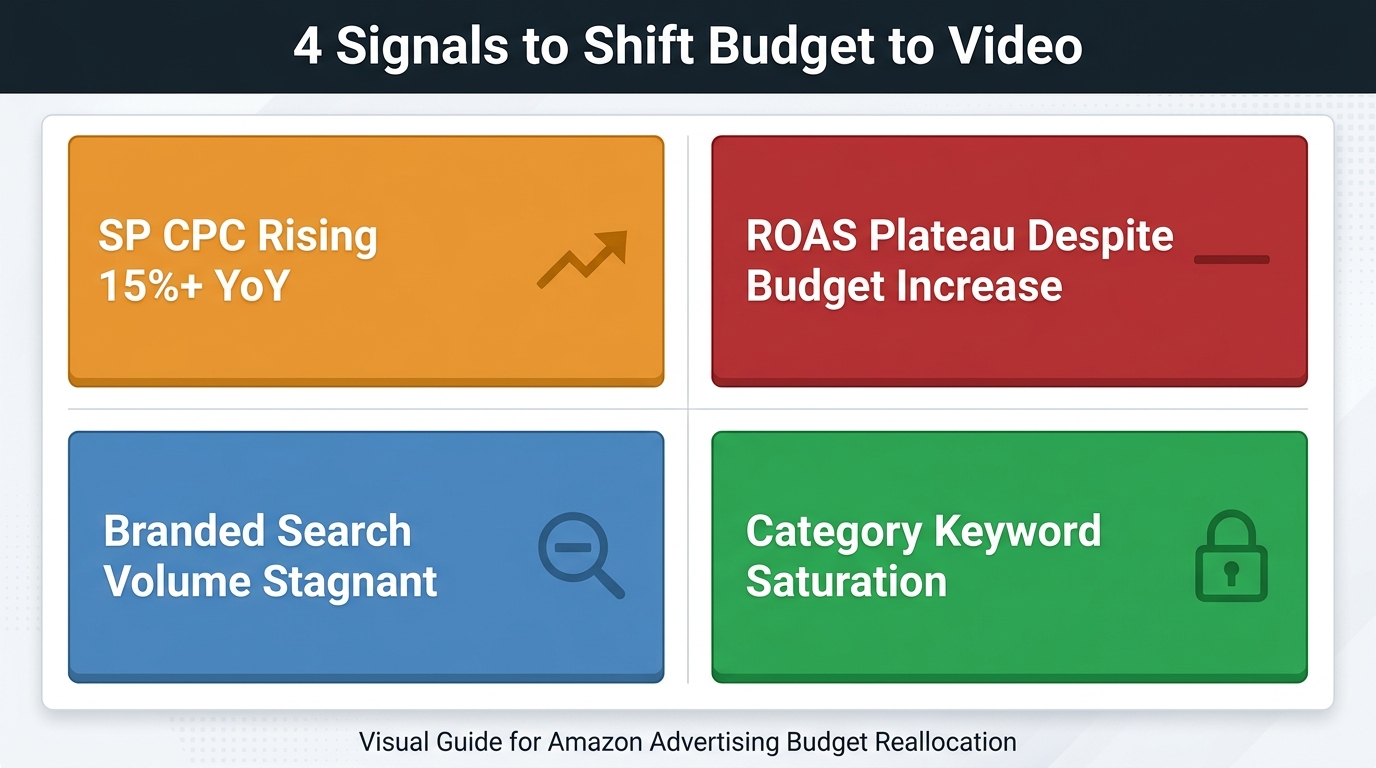 Four-quadrant signal dashboard showing the four triggers for rebalancing Amazon advertising budget from Sponsored Products to Sponsored Brands Video