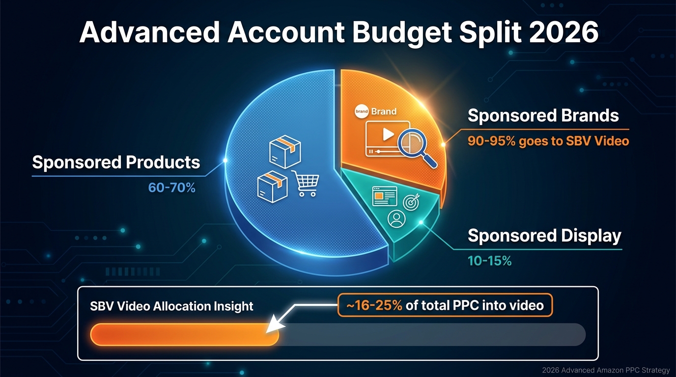 Budget allocation pie chart for advanced Amazon PPC accounts in 2026 showing recommended split between Sponsored Products, Sponsored Brands Video, and Sponsored Display