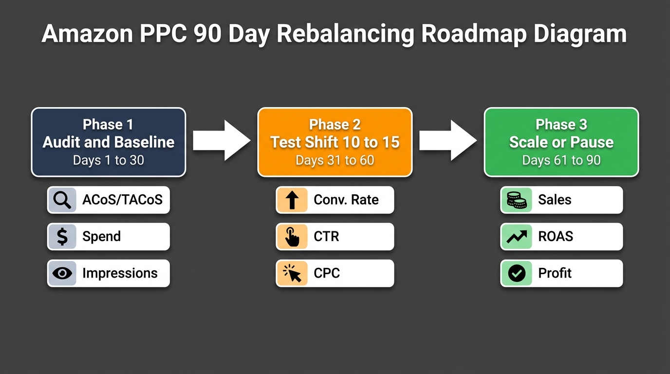 90-day phased Amazon PPC budget rebalancing roadmap: Phase 1 audit and baseline, Phase 2 test 10-15% shift, Phase 3 scale or pause based on incrementality data