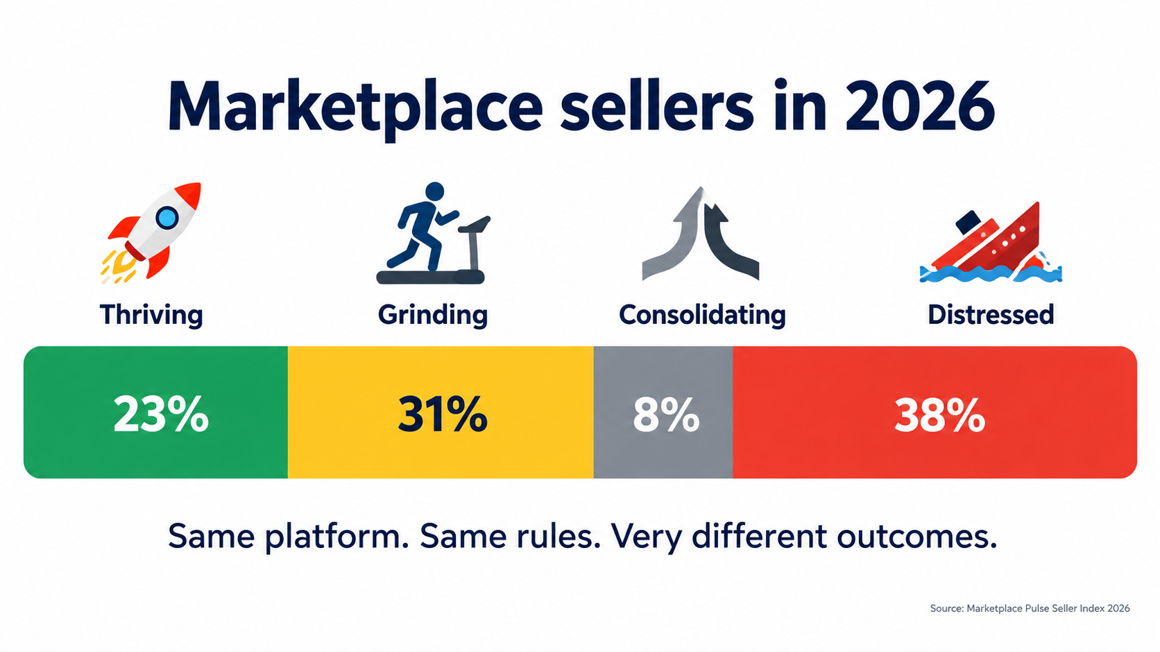 Stacked bar chart of 2026 marketplace seller cohorts: 23% thriving, 31% grinding, 38% distressed, remainder consolidating