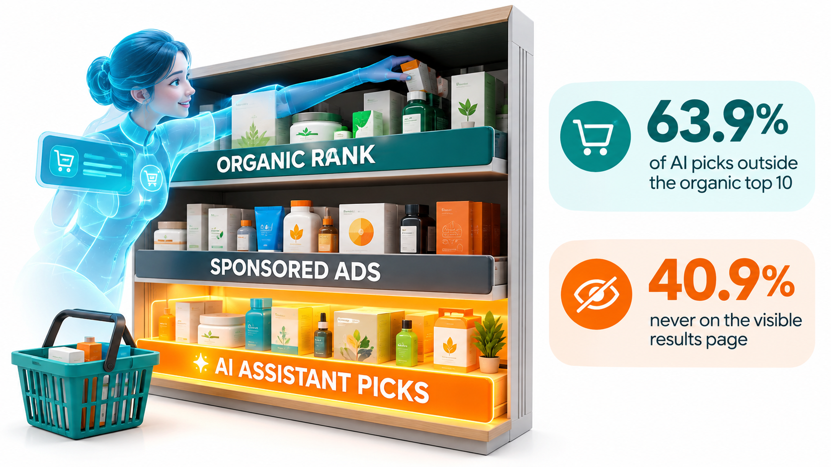 Three-shelf illustration of Amazon visibility: organic rank, sponsored ads, and AI assistant picks, with 63.9% of AI picks outside the organic top 10