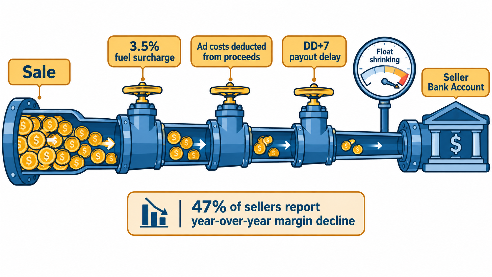 Cash flow pipeline diagram showing a 3.5% fuel surcharge, ad costs deducted from proceeds, and DD+7 payout delay squeezing seller float