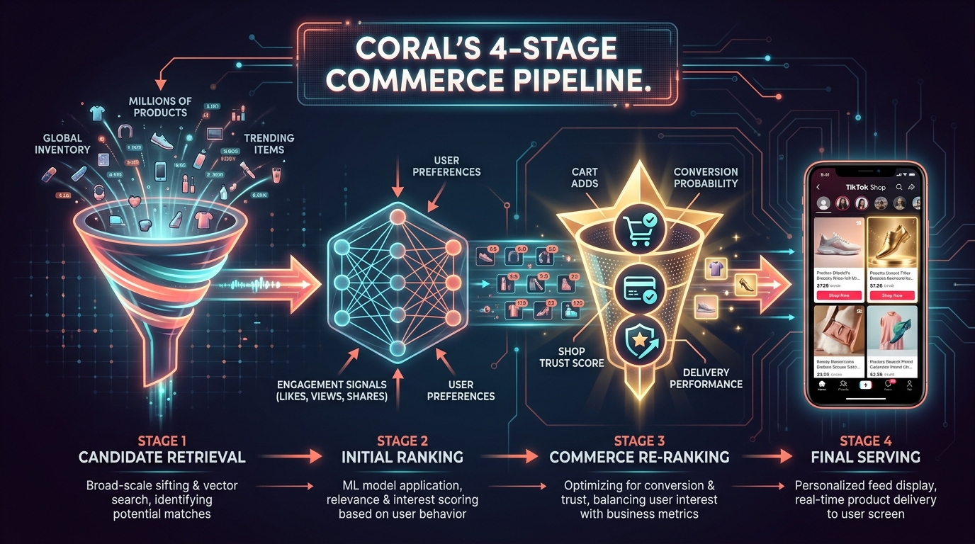 Coral Algorithm 4-Stage Commerce Ranking Pipeline — TikTok Shop 2026