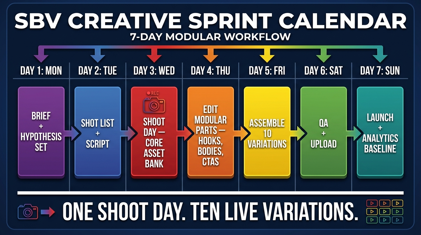 7-day SBV creative sprint calendar showing day-by-day production workflow from brief to launch