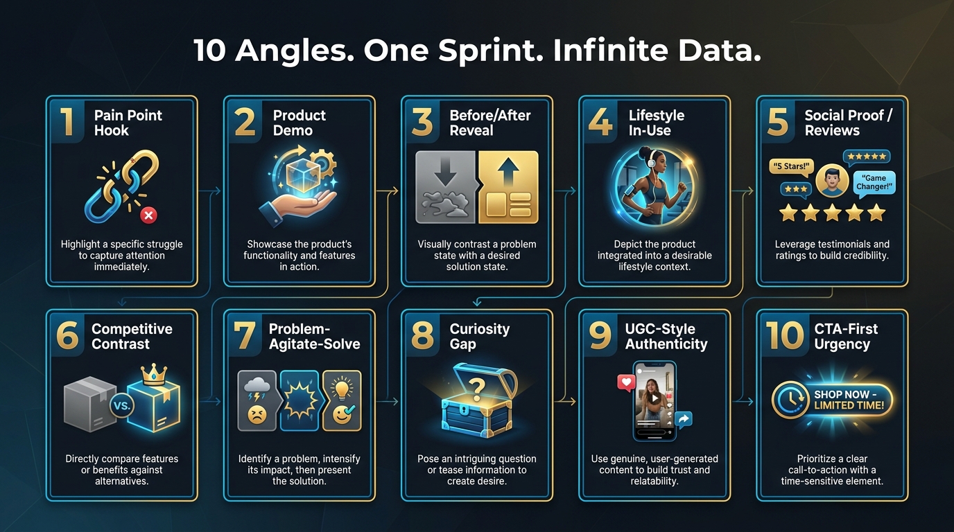 10 SBV creative variation angles shown as labeled cards: Pain Point, Product Demo, Before/After, Lifestyle, Social Proof, Competitive Contrast, Problem-Agitate-Solve, Curiosity Gap, UGC-Style, CTA-First