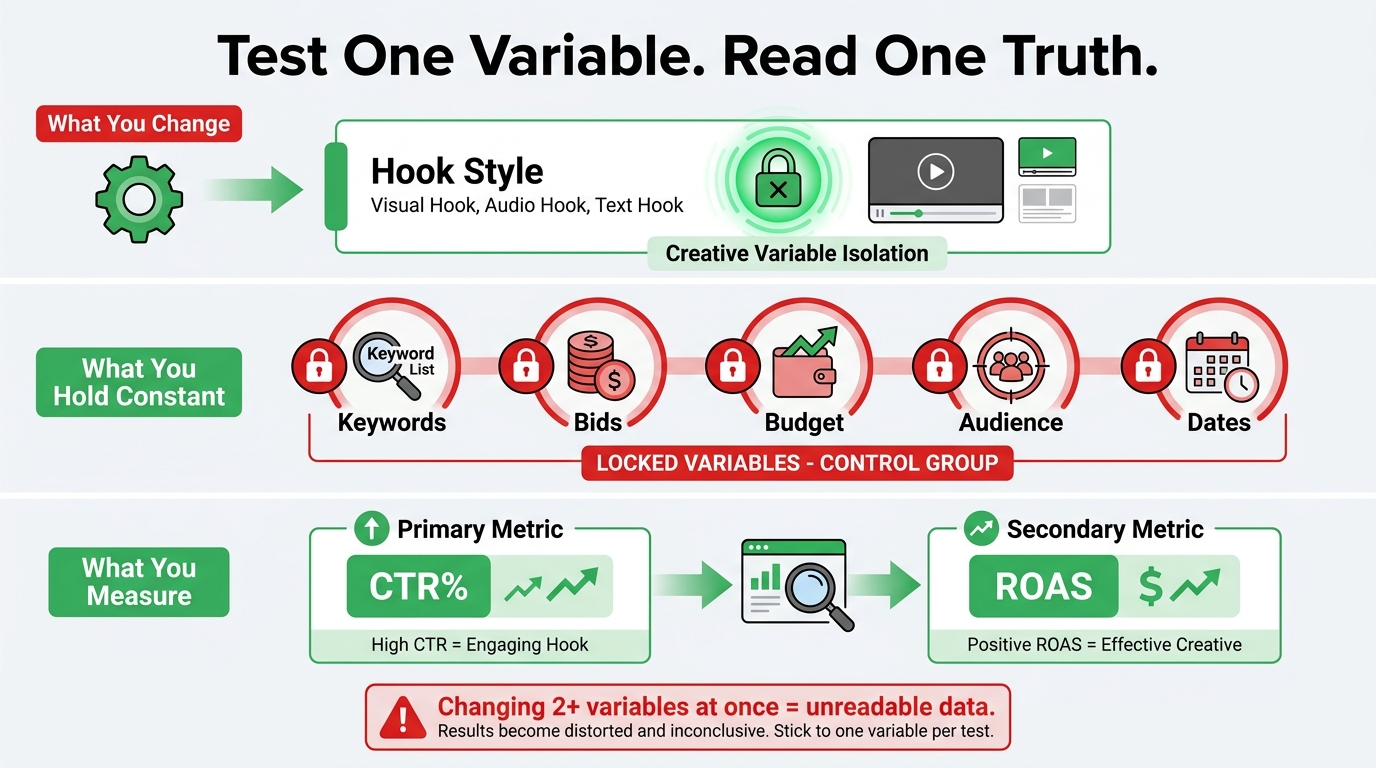 Variable isolation testing framework for SBV showing what to change, hold constant, and measure in creative tests