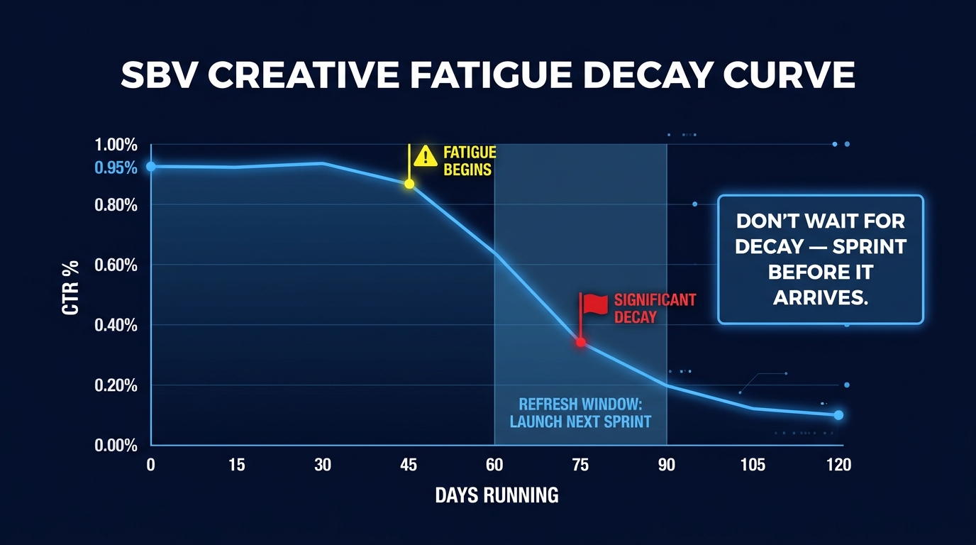 SBV creative fatigue decay curve showing CTR declining from Day 45 to Day 90 with refresh window annotation