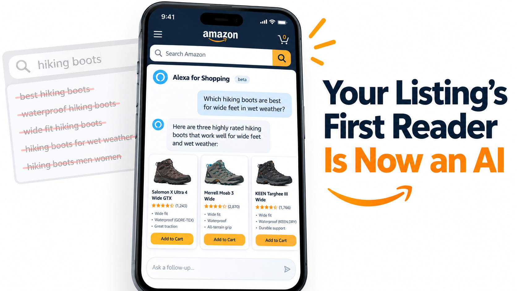 Smartphone showing Amazon's Alexa for Shopping assistant answering a shopper's question about hiking boots, with the headline 'Your Listing's First Reader Is Now an AI'